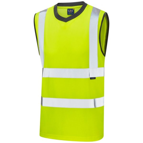 Leo Workwear Ashford Hi Vis Sleeveless T Shirt Yellow Front