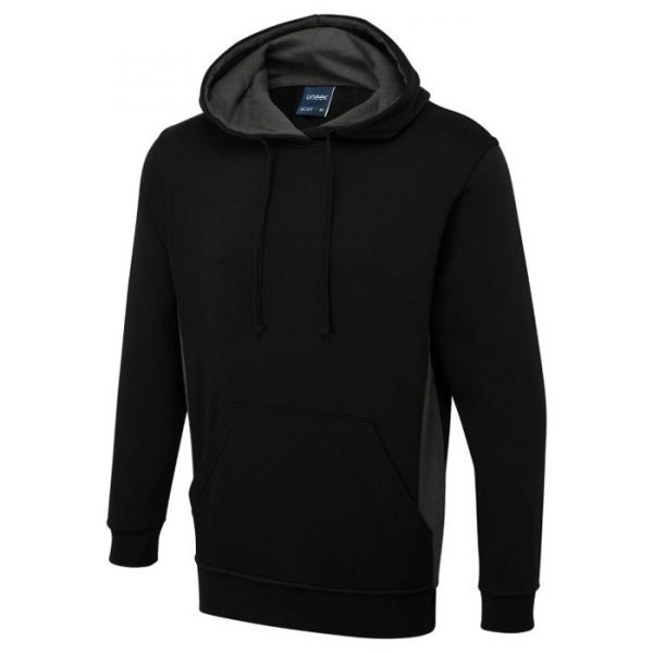 Uneek two tone hooded sweatshirt black/charcoal