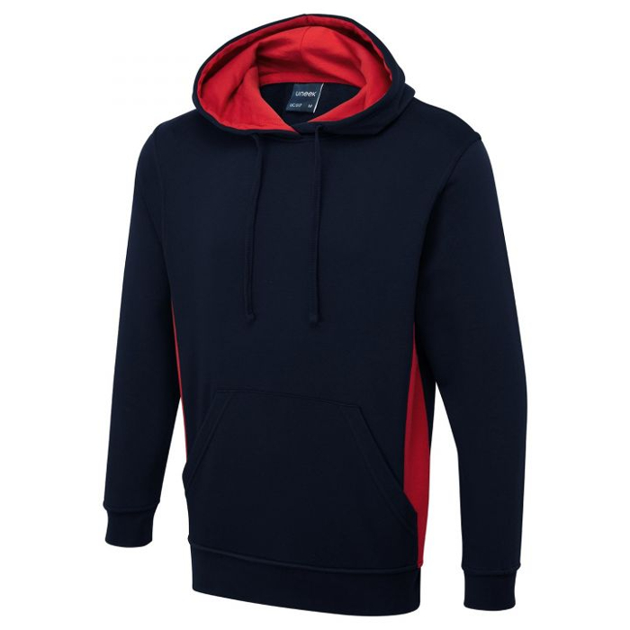 uneek two tone hooded sweatshirt navy/red